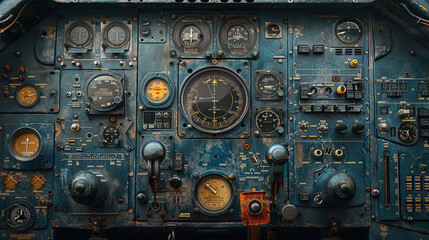 aircraft control panel control panel.Navigating the Skies: A Vintage Aircraft's Intricate Control Panel with Analog Instruments.
