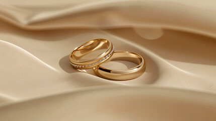Golden wedding rings on beige background closeup