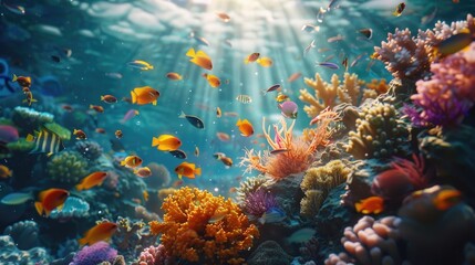 A mesmerizing underwater scene of vibrant coral reefs teeming with colorful fish, showcasing the beauty and diversity of marine life on World Reef Awareness Day.