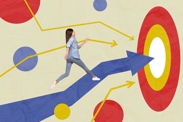 Composite photo collage trend artwork sketch image of confident woman walk up huge arrow show direction target goal geometric elements