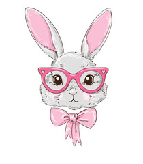 Hand Drawn Cute Bunny with glasses and a bow, Rabbit vector illustration children print design
