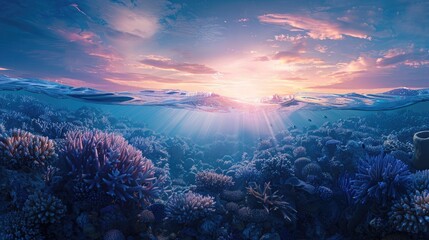 A panoramic view of a coral reef at dawn, with the first light of day illuminating the underwater world, symbolizing the hope and resilience of reef ecosystems on World Reef Awareness Day.