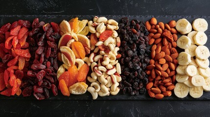 Exotic dried fruits display  rich textures and colors in realistic lighting on dark background