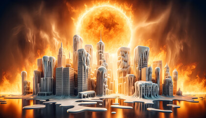  a metaphorical representation of hot weather with the Earth partially engulfed in flames, highlighting a theme of global warming and environmental crisis.