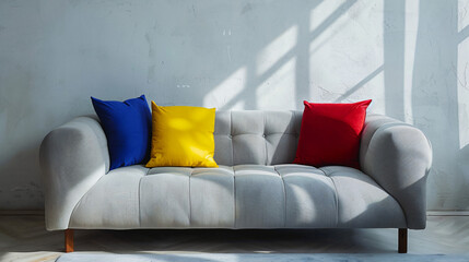 Grey sofa with pillow in colors of Ukrainian flag 