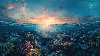 A panoramic view of a coral reef at dawn, with the first light of day illuminating the underwater world, symbolizing the hope and resilience of reef ecosystems on World Reef Awareness Day.