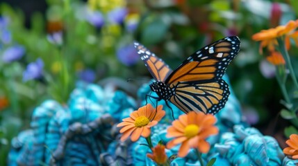 Obraz premium Close-up of a Monarch butterfly in a whimsical fairy garden, its wings contrasting beautifully against blue foliage and bright flowers