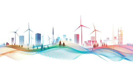 Explore the integration of renewable energy solutions in urban infrastructure development with lively gradient lines in a single wave style isolated on solid white background