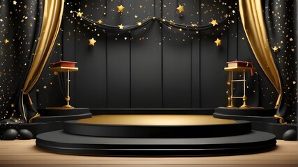 Graduation class background award party banner on an empty stage, podium, or platform for product presentation with room for writing, a black curtain, and falling gold stars