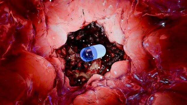 inflammatory bowel Disease traitement, Colorectal cancer, malignant tumor, Endoscope colonoscopy, gut intestine, Colon polyp removal, intestinal carcinoma, bowel neoplasia, Capsule, pill, 3d render