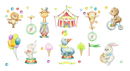 tent, bicycle, clown, seal, bunny, lion, elephant, giraffe, bear. Circus animals. watercolor set, on an isolated background.