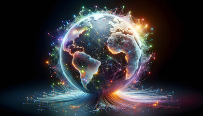 The globe is artistically featured, dramatically interconnected by a fantasy-like network resembling glowing spider silk, emphasized with surreal, vibrant colors representing AI connections.