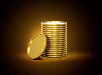 Stack Of Golden Shiny Rounded Coins Isolated On Shiny Golden Glow Background 3d Illustration