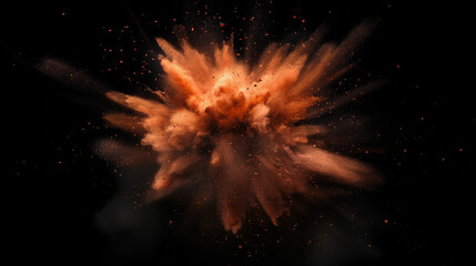 Explosion of powdered orange paint on black background. Graphic materials for Holi Festival or Color Runs.