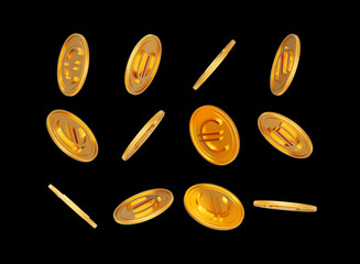 3d Falling Golden Shiny European Euro Rounded Coins On Black Background 3d Illustration