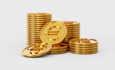 3d Stack Of Golden European Euro Coins Shiny Rounded Coins Stack On White Background 3d Illustration