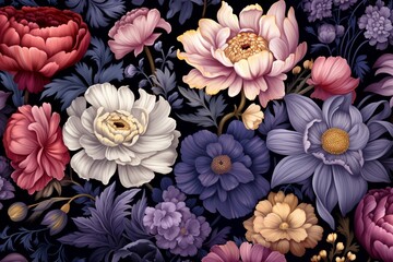 Seamless pattern of nighttime garden flowers, vectorized for enchanting evening event invitations and decor ,  high resolution