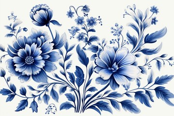 Vector illustration of dense blue flower motifs, reminiscent of historical pottery, for artisanal wallpaper and decor ,  high resolution
