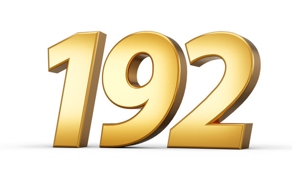 3d number 192 one hundred ninety two Gold text isolated on white background with reflection 3d illustration
