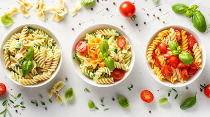 Group of tasty pasta salads on white background top view