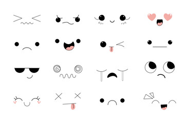 Kawaii Style Faces manga anime emotions, comic expressions, cute eyes collection isolated on white background. Doodle smiley mood design elements, 