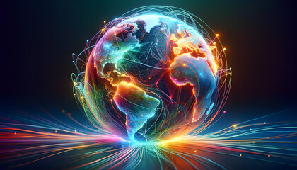 The globe is artistically featured, dramatically interconnected by a fantasy-like network resembling glowing spider silk, emphasized with surreal, vibrant colors representing AI connections.