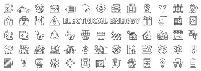 Fototapeta na wymiar Electrical energy in line design. Electrical, energy, icons, charge, industry, battery, solar panel, green, electricity on white background vector. Electrical energy editable stroke icons.