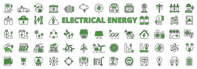 Electrical energy in line design, green. Electrical, energy, icons, charge, industry, battery, solar panel, green, electricity on white background vector. Electrical energy editable stroke icons.