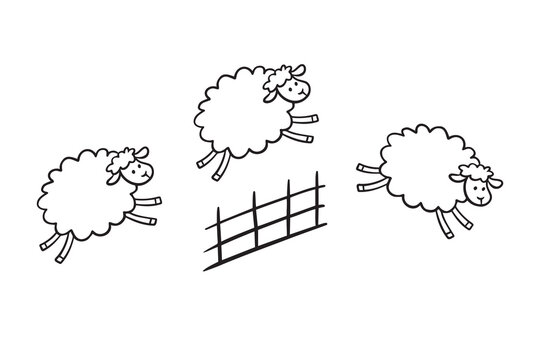 Doodle line cute sheep jumping over fence. Good night sleep poster. Counting sheep to fall asleep. 