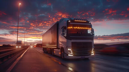 A beautifully captured image of a white truck on a road with a breath-taking sunset creating a dramatic backdrop