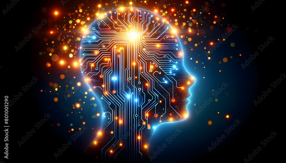 Poster a silhouette of a human head, with an intricate network of circuits and digital pathways inside. the