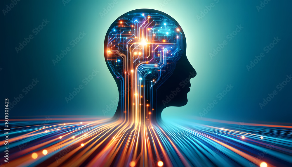 Poster a silhouette of a human head, with an intricate network of circuits and digital pathways inside. the
