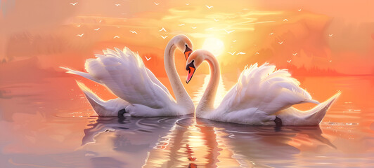 Beautiful white swans swimming on the lake at sunset Couple of beautiful white swans in the sea at the romantic bright sunset. Yellow sky and clouds on the background.
 