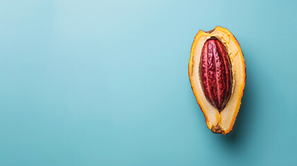 Half of fresh cocoa fruit on color background