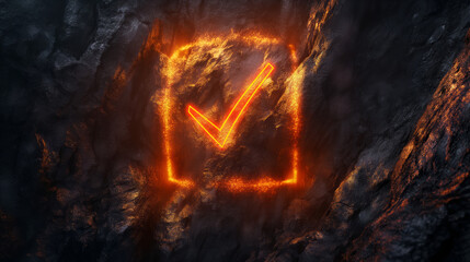 A fiery orange checkmark glows intensely, carved into a dark, rocky surface symbolizing approval or success