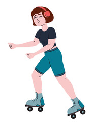 Woman roller skating. Female person in doodle style.