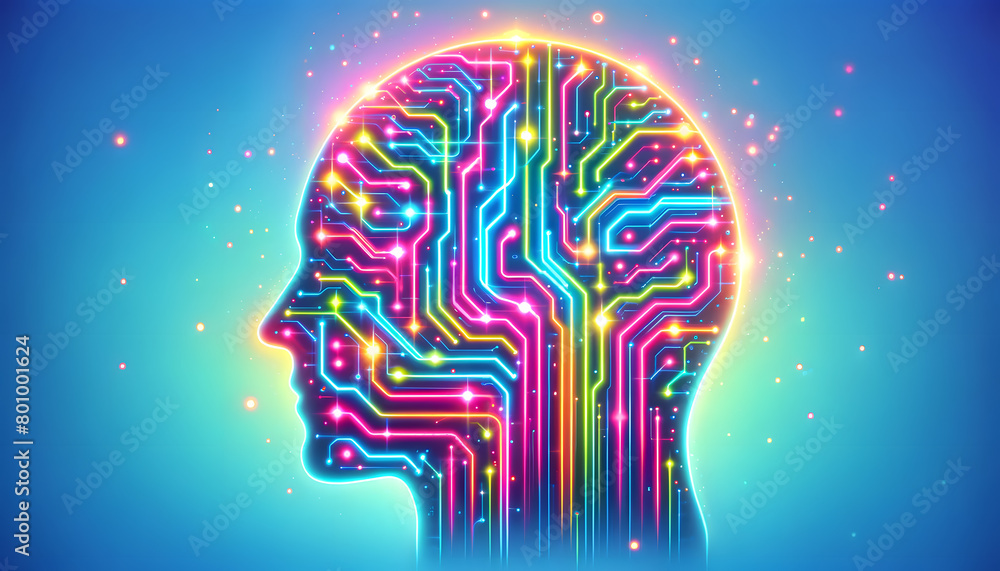 Poster a silhouette of a human head, with an intricate network of circuits and digital pathways inside. the