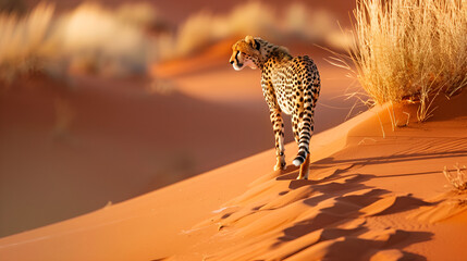 Beautiful cheetah outdoor on red sand dune early in the morning at Namib desert.