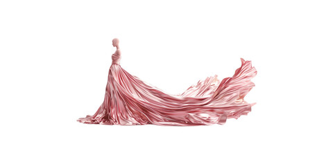 
A luxurious pink satin gown with an elegant train flowing in the wind, reflecting soft lighting on a white background.
