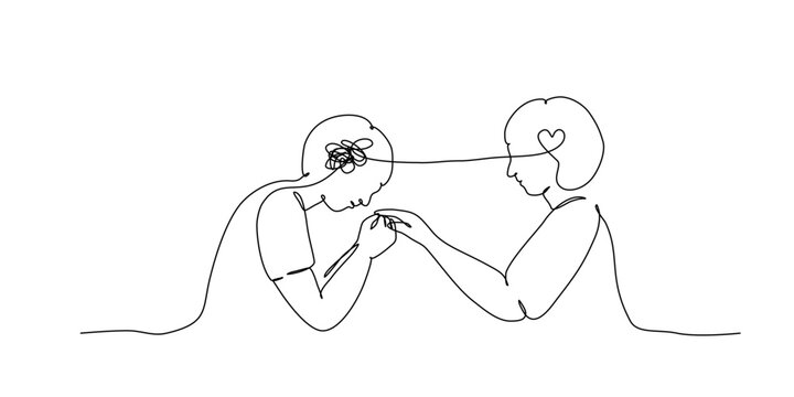Continuous lineart of a angry child with stress with helping hand editable lineart vector in mental health concept.