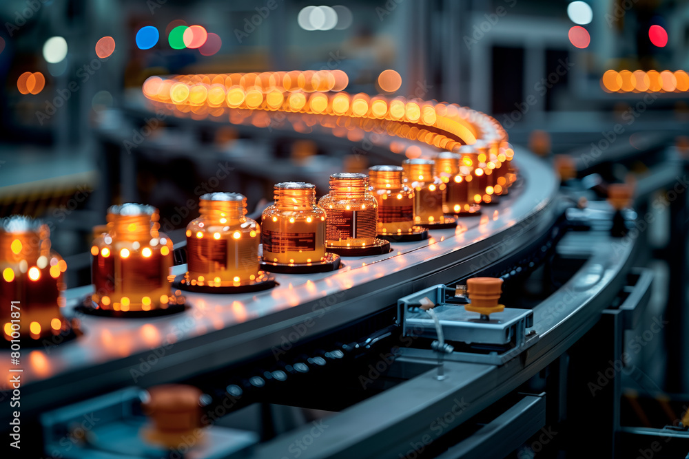 Poster A conveyor belt with many bottles on it. The bottles are lit up and appear to be glowing