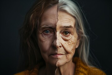 Grow old with anti facial strategies focusing on mental and physical health in aging, supported by grey hair contrasts and aging duality.