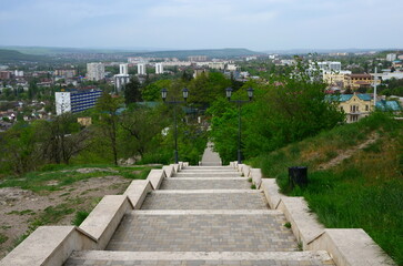 view of the city  of Pyatigorsk from the stone  staircase on Mount Mashuk