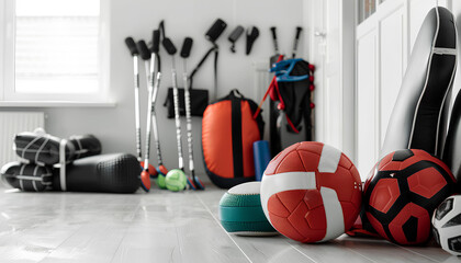 Different sports equipment in light room