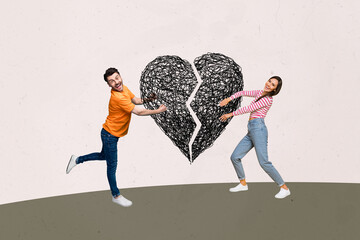 Composite sketch artwork photo collage of young couple man lady broke heart cracked hold in hand two piece pull push different direction