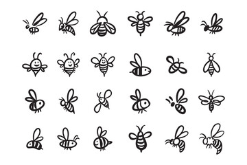 Doodle hand drawn bee. Set Cartoon outline line style bees.