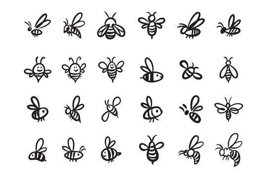 Doodle hand drawn bee. Set Cartoon outline line style bees.