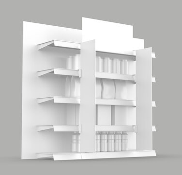 Supermarket Shelf Stopper Banner Blank Display for design presentation. 3d illustration.