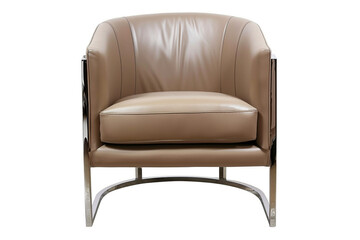 Modern accent chair with faux leather upholstery and metal frame isolated on solid white background.