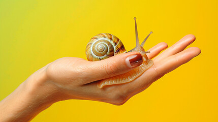 Hand with snail on color background
